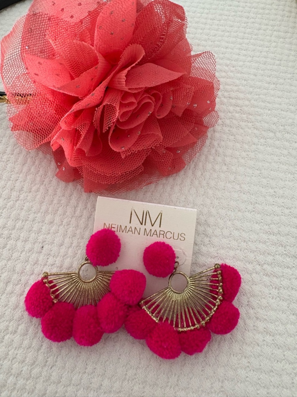 Neiman Marcus Bright Pink Pom-Pom Fan Drop Earrings